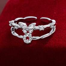 1pc Letter Design Cubic Zirconia Inlaid Adjustable Open Ring For Women - Multicolor - View 6