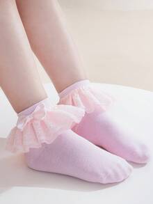 2 đôi tất lưới ren cotton mỏng cho bé gái, tất ren công chúa nhún bèo thời trang, mùa xuân/thu - Nhiều màu - Xem 3