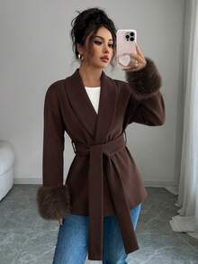 女士优雅仿毛皮饰边系带翻领长袖梭织外套 - 咖啡棕 - 查看 7