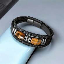 Pulsera de cuero para hombre, Pulseras de tejidas con piedra de ojo de tigre,Moda brazalete de joyeria para hombre, regalos dia del padre, cumpleaños, navidad(Negro) - Multicolor - Ver 3