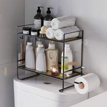 Meiyiu 2-Tier Over The Toilet Storage Shelf, With Paper Holder And 2 Hooks, Metal Bathroom Storage, Bathroom Accessories Decor, 14.1" L X 6.3" W X 10.6" H - Black - View 1
