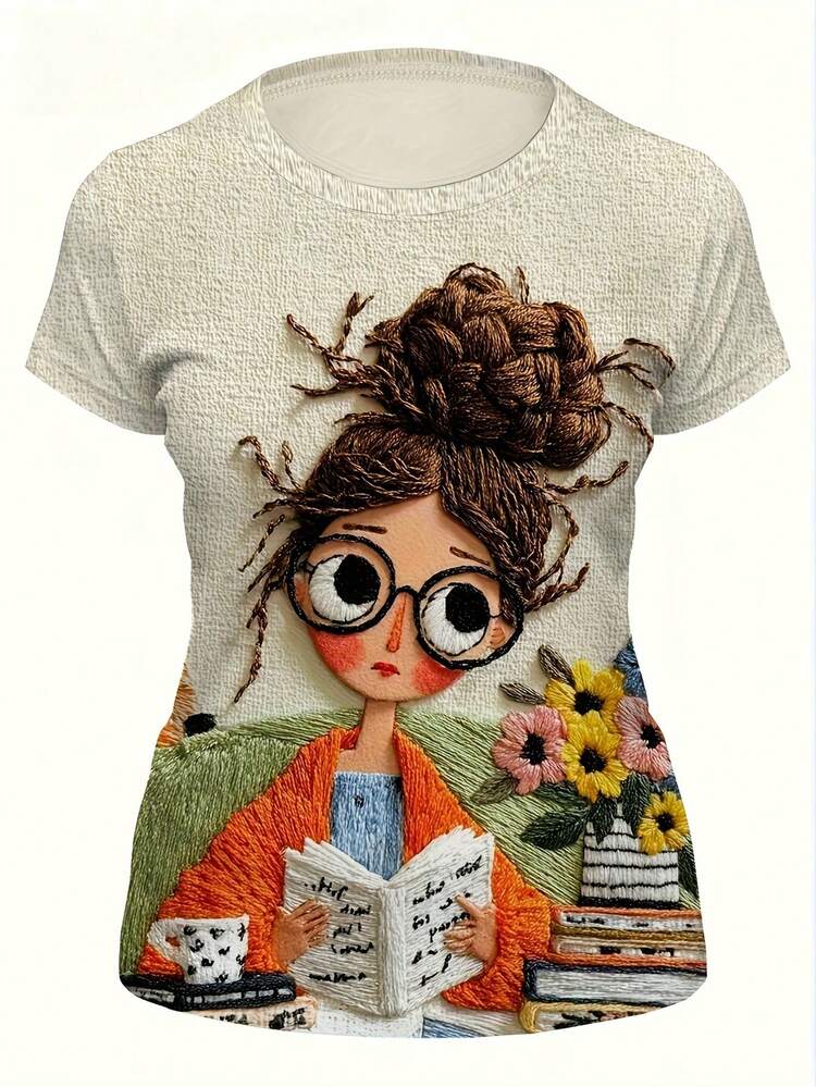 T-shirt graphique pour amoureuse de la lecture, col rond décontracté pour femmes, manches courtes, printemps et été - abricot clair - Voir 4