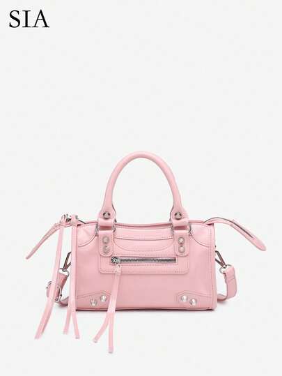 1pc Women's Retro Y2K Biker Punk Style Rivet Decor Buckle Multi-Pocket Faux Oily Cracked Leather Motorcycle Boston Bag, Suitable For Outings, Dates, Parties