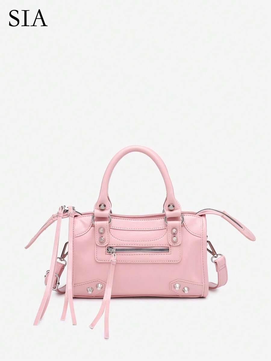 1pc Women's Retro Y2K Biker Punk Style Rivet Decor Buckle Multi-Pocket Faux Oily Cracked Leather Motorcycle Boston Bag, Suitable For Outings, Dates, Parties