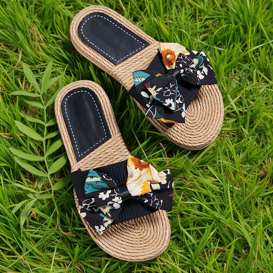 2024 Nouvelles sandales à enfiler avec nœud papillon pour femmes, chaussures d'été décontractées. Chaussures de plage légères pour femmes - Noir - Voir 1