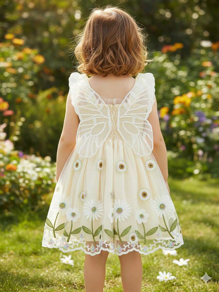 Vestido floral para niña pequeña, bordado floral, doble capa, sin mangas, corte A, con alas de mariposa y lentejuelas - Caqui - Ver 1