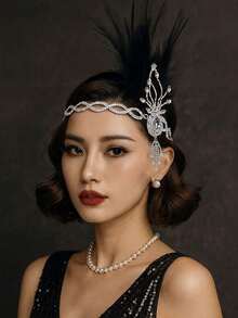 1件银色水晶黑色羽毛发箍，时尚珠宝头饰，适合女士婚礼派对，发饰发箍，家居美发饰品 - 銀色 - 查看 1