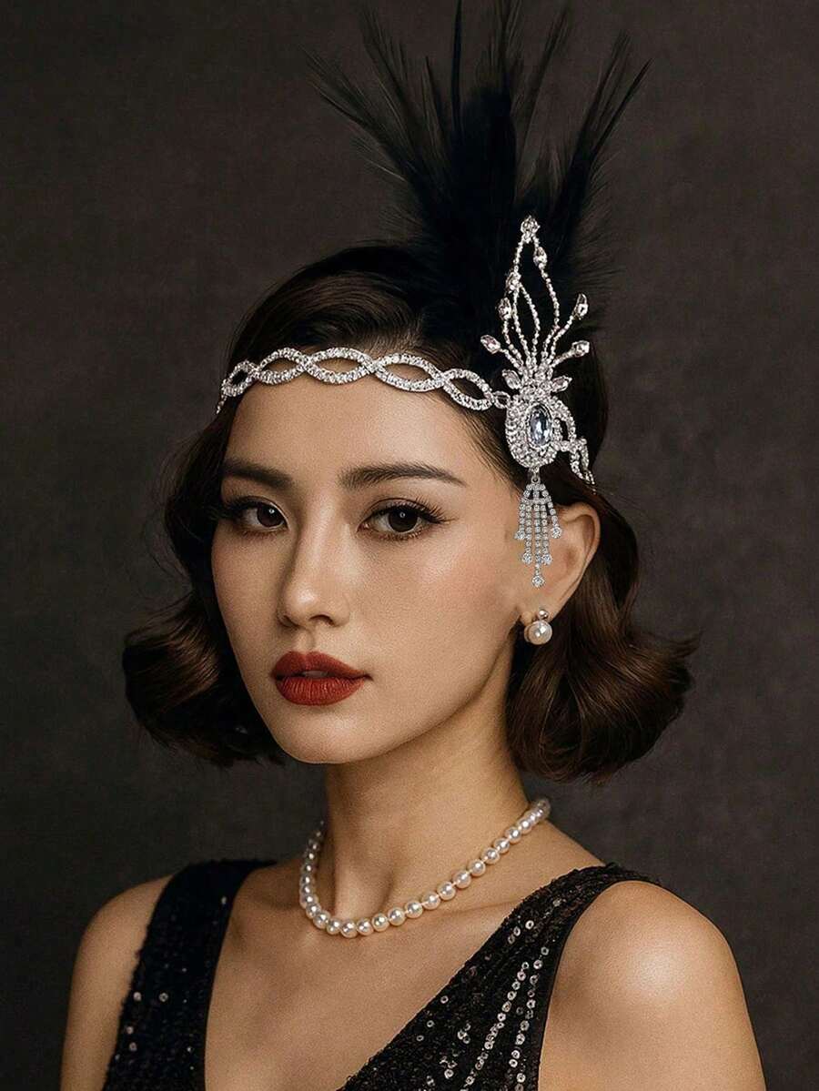 1件银色水晶黑色羽毛发箍，时尚珠宝头饰，适合女士婚礼派对，发饰发箍，家居美发饰品 - 銀色 - 查看 1