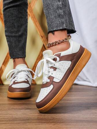 Beige And Brown Color-Blocked Business Casual Work Shoes, European And American Style Fashionable Outdoor Women's Shoes, Durable And Wear-Resistant Rubber Sole, Lace-Up, Round Toe, Low-Top, Multi-Purpose, Suitable For Holiday Gifts, Casual Outings, Parties, Sneakers Women