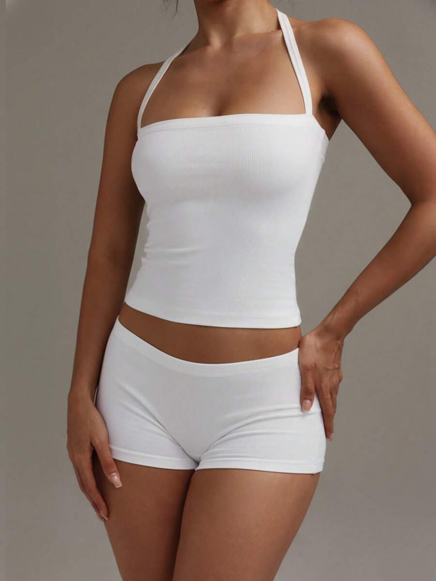 XLLAIS 性感露背针织吊带衫，全白款，秋季女装，弹力休闲修身款女士吊带背心 - 白色 - 查看 1