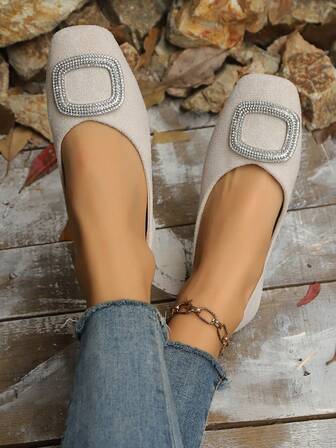 Women's Solid Color Square Toe Suede Decor Cute Commuting Elegant Flat Soft Bottom Fashionable Versatile Slip-On Loafers, Suitable For Holiday Parties
