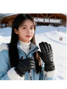 Guanti da sci in vera pelle nera, traspiranti, antiscivolo, con fodera termica, caldi, adatti per attività all'aperto come sci, alpinismo, ciclismo e protezione - nero - Visualizzare 1