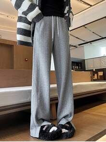 女士保暖加厚阔腿裤，保暖香蕉直筒休闲裤 - 灰色 - 查看 4