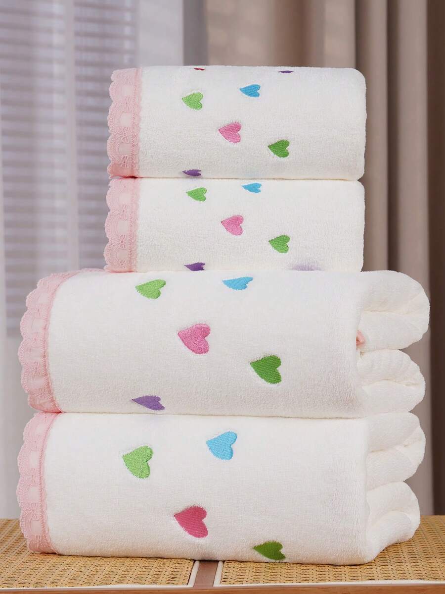 愛心珊瑚絨純色刺繡愛心毛巾/浴巾/手巾情侶套裝 柔軟親膚浴室毛巾，適用於浴室、居家必需品、毛巾、護膚