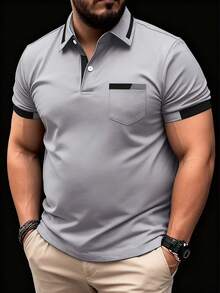 Plus Size Men's Summer Formal Business Casual Polo Shirt, Simple Contrast Color Collar Button Short Sleeve Top, Large Size Fashion Versatile Polo Shirt For Daily Commute, Comfortable Fabric, Available In Magenta, Navy, Olive Green, Burgundy