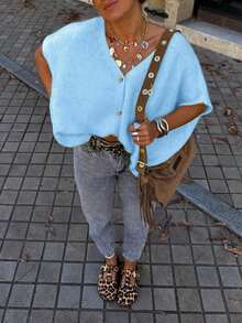 FOR BEAUTY Spring/Summer New Blue V-Neck Button Short Sleeve Top, Oversized Knit Cardigan With Dropped Shoulder Design, Lightweight Knit Sweater, Suitable For Women Casual/Holiday, Must-Have For New Year - Water Orchid - View 5