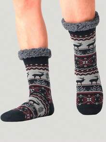 1 Pair Of Men's And Women's Autumn And Winter Slippers Socks, Men's Floor Socks, Men's Mid Leg Socks, Men's Calf Socks, Good Anti Slip Performance, Strong Grip, Preferred Fabric, Warm Plush, Warm Sheepskin Lining, Suitable For Family Gatherings/Home Relaxation, Can Be Used As Gifts For Valentine's Day/Christmas/Thanksgiving And Other Holidays - Multicolor - View 1