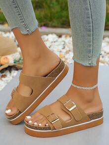 Zuecos con plantilla de corcho cómoda para mujer, sandalias de corcho esenciales de playa para mujer, pantuflas planas casuales, calzado de verano, sandalias de punta abierta, nuevos estilos para primavera, otoño y verano, sandalias romanas trenzadas de verano frescas para mujer, ropa de verano elegante para damas francesas con faldas para ir a la y la playa