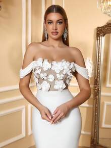 Đầm dạ hội nữ LOVE Aing sang trọng, thời trang, thêu hoa, phối lưới, phù hợp cho sinh nhật, lễ tốt nghiệp, dạ tiệc, tiệc tùng, đêm giao thừa, các dịp trang trọng, đám cưới, màu trắng mùa xuân. - trắng - Xem 3