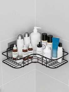 1/2pcs Triangular Wall-Mounted Storage Rack, Hole-Free Bathroom Rack, Shower Storage Rack With Hooks, Wall Storage Rack Suitable For Washbasins, Bathroom Decoration And Accessories, Practical Rack - Black (2) - View 4