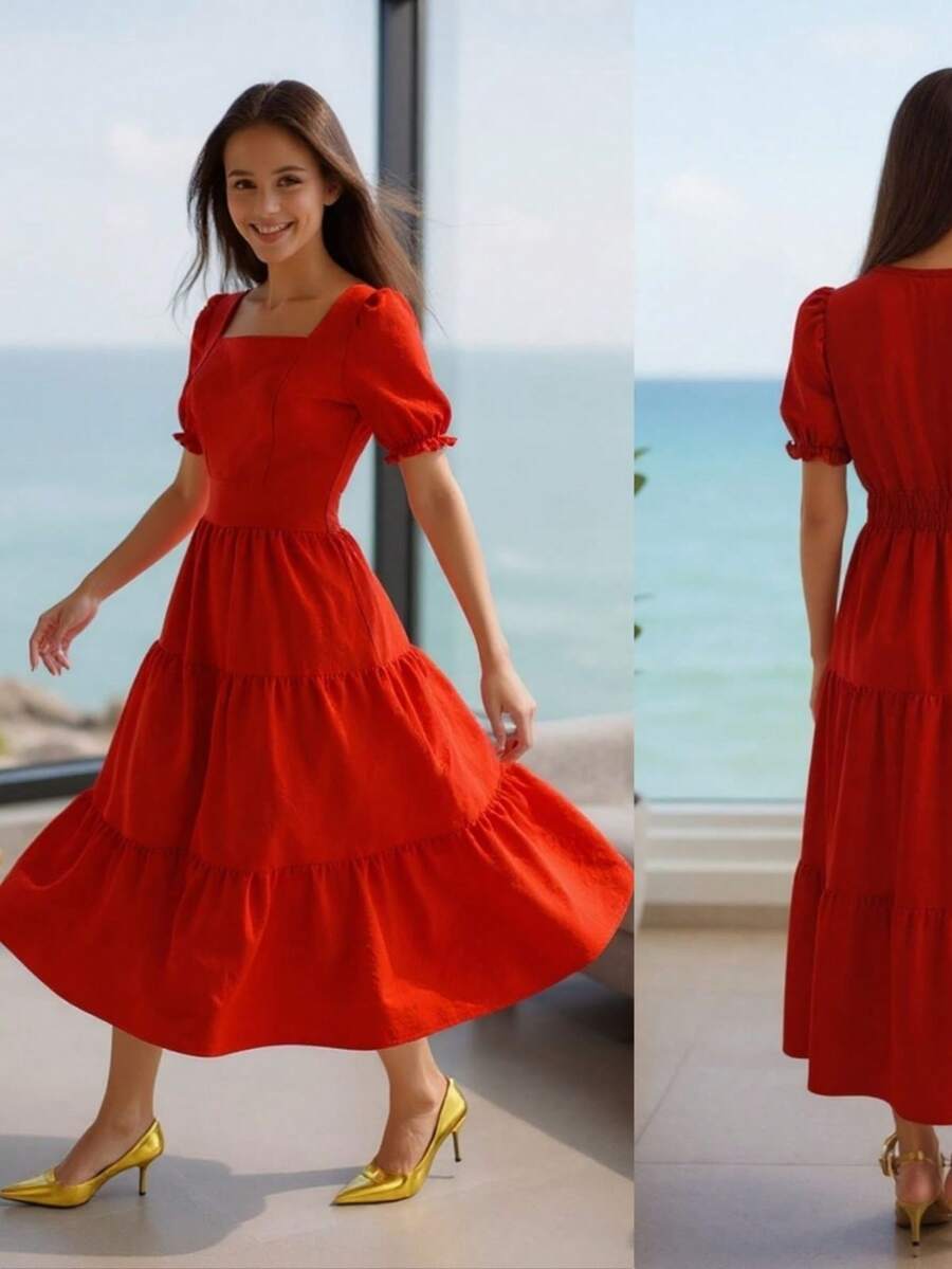 Lizo Short-Sleeved Ruffled Long Dress For Girls 12, 14, And 16, Available In Baby Red, Pink, Green, And Black. - Rojo - Ver 1