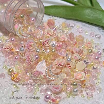 10ml/30ml/60ml Mezcla especial de hadas del jardín, incluye accesorios decorativos de ladrillo, piedra y abanico de flores, flores de rosa hechas a mano con efecto tie-dye rojo en tamaños surtidos, adecuado para arte de uñas, abanicos, ropa y varios escenarios DIY