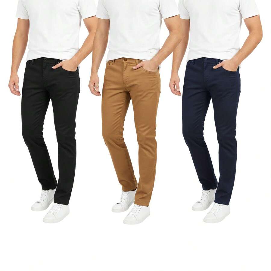 3 Pack Men's Classic-Fit Casual Stretch Cotton Chino Pants - 卡其色/黑色/海軍藍 - 查看 1