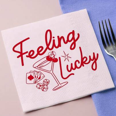 20pcs/40pcs/60pcs,Disposable Pink Red Cocktail Napkins, 'Feeling Lucky' Bachelorette Vegas Birthday Party Tissues,Casino Night Poker Theme Dinner & Drink Napkins Dice Cards Martini Glass Illustration
