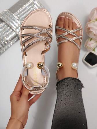 Nuevas sandalias planas de mujer talla grande con punta abierta, cruzadas, cómodas, de puntera redonda, con strass y cuentas, casuales, de moda, para exteriores, vacaciones, playa y verano