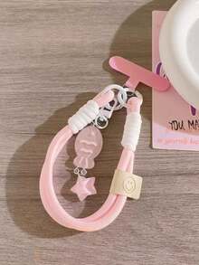 可爱粉色天使鱼和星星图案手机壳配件，卡通手机挂绳，短款天蓝色编织带，多功能钥匙扣，相机挂绳，腕带，手提包挂绳