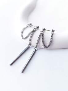 1 Pair Men's 316L Stainless Steel Geometric Bar Pendant Stud Earrings, Hypoallergenic Punk Style - Silver - View 2