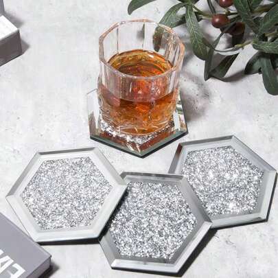 4pcs/Set Shining Brightly Glass Mirror Coasters, Elegance 4x4 Inch Rhinestone Decorated Insulated Cup Mats, Crystal Light Sensation Decorative Placemats For Restaurant, Kitchen, Dining&Coffee Table, Birthday Party Table Decor