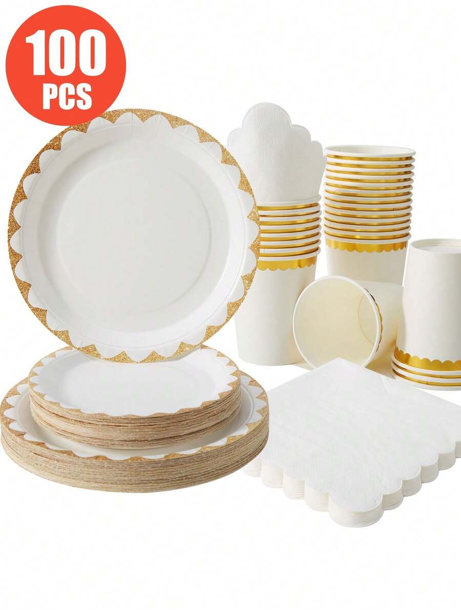 25件套白色金色花卉图案一次性餐盘、餐巾纸、纸杯，派对用品，适合25位客人，一次性纸盘，派对餐具，适用于生日、婚礼、聚会、家庭野餐 - 彩色 - 查看 1
