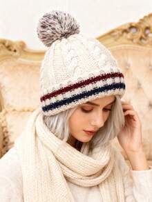 1 pièce Bonnet tricoté à pompons rayés bicolores, chapeau tricoté chaud, doublé thermique, polyvalent et pour l'hiver, pour un usage quotidien, les déplacements et les courses - bande - Voir 12