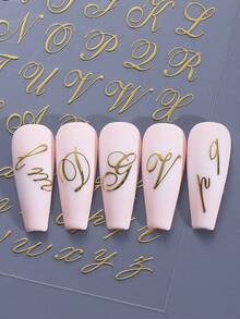 4pcs Gothic Letter Nail Art Stickers, 3D Metallic Black Gold Blue Red Fashion Art Uppercase & Lowercase English Alphabet Letters Symbols Design, DIY Y2K Style Self-Adhesive Valentine's Day Wedding Party Nail Decals Slider Accessories, Women & Girls Nail Art Supplies Gift - Multicolor - View 10