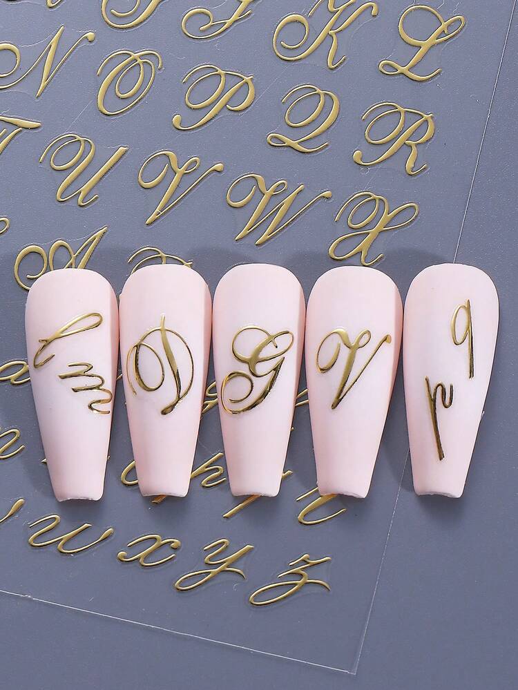4pcs Gothic Letter Nail Art Stickers, 3D Metallic Black Gold Blue Red Fashion Art Uppercase & Lowercase English Alphabet Letters Symbols Design, DIY Y2K Style Self-Adhesive Valentine's Day Wedding Party Nail Decals Slider Accessories, Women & Girls Nail Art Supplies Gift Nails - Multicolor - View 10