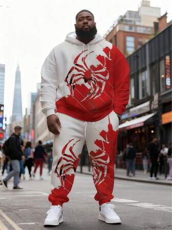 Plus Size Men's Spider Print Contrast Color Hoodie Set, Plus Size Loose Fit Slimming Cartoon Style 2-Piece Outfit, Easily Carry Style For Big & Tall
