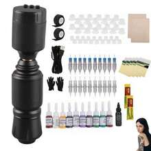 Kit completo para principiantes con máquina de tatuaje inalámbrica Rotatoria, kit de máquina de tatuaje rotatoria inalámbrica Kit de máquina de tatuaje profesional con cartucho de 3,5 mm Liner Shader Recargable con 10 tintas de colores, ajustable de 5 a 12 V, proporciona entre 3 y 6 horas de uso continuo dependiendo de la configuración. - Negro - Ver 1