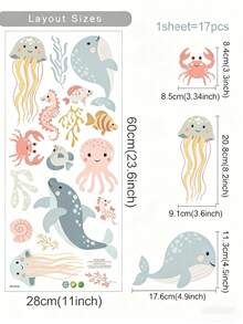 1 件异想天开的海洋生物和卡通动物墙贴 - 自粘 PVC 贴花，带有柔和色调的卡通鱼、水母和海洋生物 - 非常适合青少年卧室或客厅装饰、青少年房间装饰 | 俏皮设计 | PVC 墙贴，海洋主题装饰 - 彩色 - 查看 4