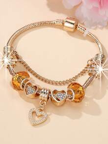 1pc Fashionable Rose Gold Beaded Bracelet, Hollow Carved Heart Charm With Rhinestone Embellishment Valentines,Mom,Mother,Mother's Day,Gift