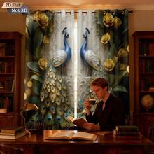 2pcs Lifelike Peacock Pattern Blackout Curtains, With Golden Metallic Flower Decor, Suitable For Living Room, Kitchen, Thermal Insulated Washable Curtain Set - Ideal For Living Room, Bedroom Home Decor, Sunshade - 2139+DKCL - View 11