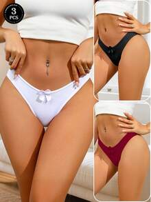 3pcs/Pack Women's Sexy Open Crotch Panties, Comfortable & Elegant, Breathable Soft Lace Trim With Cute Bow, Romantic Couple Gift - Multicolor - View 1