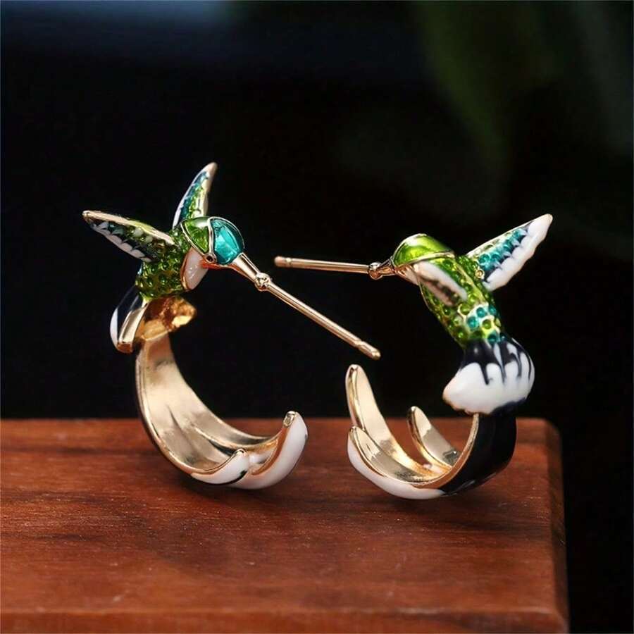1Pair European And American Fashion Simple Youth And Beautiful Exquisite Painted Oil Hummingbird Stud Earrings. Suitable For Holiday Parties, Proms, Christmas, Thanksgiving, Daily Wear - 金色 - 查看 1