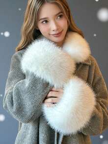 1对人造毛皮袖口和腕套，毛茸茸的袖口装饰，适用于女士外套，冬季+冬季装备+手套熊+圣诞节 - 彩色 - 查看 1