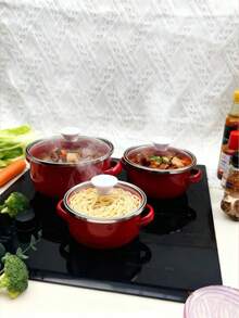 三件套彩色搪瓷厨具套装 - 搪瓷带盖锅、搪瓷砂锅、搪瓷汤锅、拉面锅、迷你火锅、粥锅、保温锅、厨房用具、奶锅、小圆锅、厚底汤锅、砂锅、煎锅，适用于电磁炉、燃气灶，家用，搪瓷厨具套装，含厚底双耳汤锅 - 小鍋三件套 - 查看 4