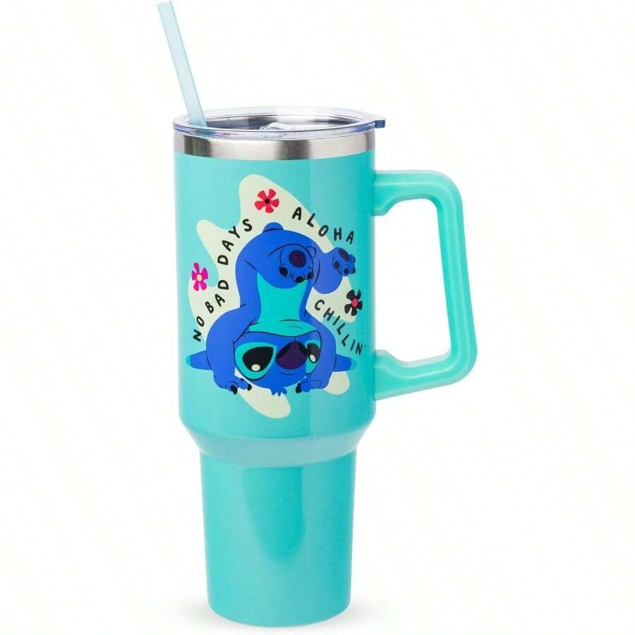 SLAWDisney Lilo And Stitch Aloha No Bad Days Chillin Stainless Steel Tumbler With Handle And Straw Fits In Standard Cup Holder 40 Ounces - DisneyLiloandStitchChillin - 查看 1