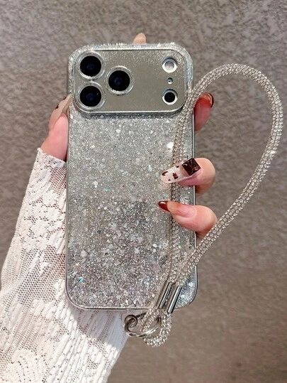 Luxury Glitter Silver Phone Case + Wrist Strap With Rhinestone Decor, Compatible With IPhone 17 Pro Max/17 Pro/17 Air/17/16 Pro Max/16 Pro/16/16 Plus/15/15 Pro Max/15 Pro/15 Plus/11/12/13/14 Pro Max/11 Pro/11 Pro Max/12 Pro/12 Pro Max/13 Pro/13 Pro Max/14 Pro/14 Pro Max, Full Coverage Shockproof Hard Shell, Acrylic Material