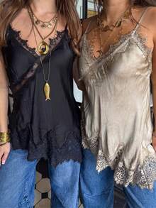 Women Lace Trim Satin Cami Tops Spaghetti Straps Deep V-Neck Silk Camisole Tops Asymmetrical Tank Tops Backless Lace Patchwork Party Going Out Tops - 淺灰色 - 查看 7