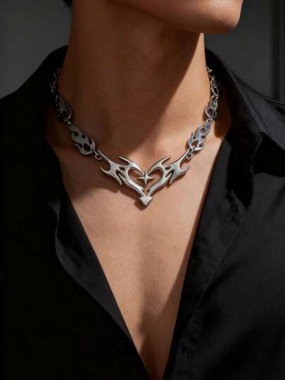 1pc Silver Punk Gothic Stylish Cross, Thorn, Wire Mesh, Flame Heart Pendant Necklace, Suitable For Men, Halloween, Party, Holiday Gift