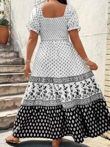 Plus Size Women Elegant Geometric Floral Print Ruffle Hem Vacation Dress Summer - Black and White - View 3